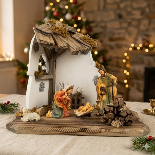 Kleine Weihnachtskrippe Raitenberg inkl. heiliger Familie K001-01 und Schaf, Maße: ca. 28 x 20 x 22 cm